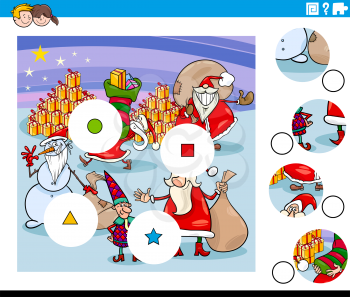 Cartoon Illustration of Educational Match the Pieces Jigsaw Puzzle Game for Children with Santa and Christmas Characters Group