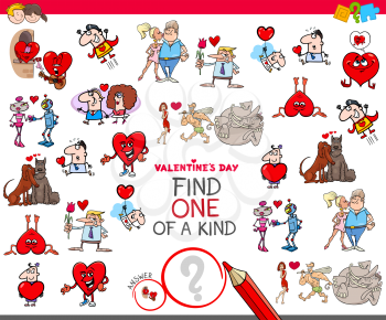 Cartoon Illustration of Find One of a Kind Picture Educational Game for Kids with Valentines Characters