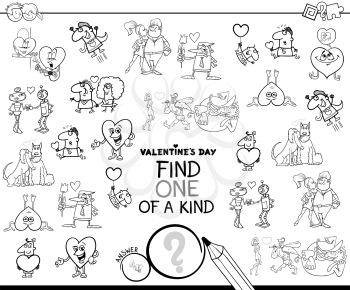 Black and White Cartoon Illustration of Find One of a Kind Picture Educational Game for Kids with Valentines Characters Coloring Book