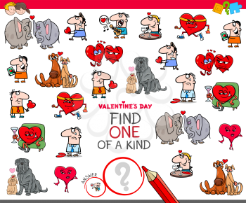 Cartoon Illustration of Find One of a Kind Clip Art Educational Game for Kids with Valentines Day Characters