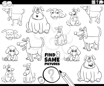 Black and White Cartoon Illustration of Finding Two Same Pictures Educational Activity Game for Children with Funny Dogs and Puppies Animal Characters Coloring Book Page