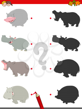 Cartoon Illustration of Matching Shadows Educational Game for Children with Hippos Animal Characters