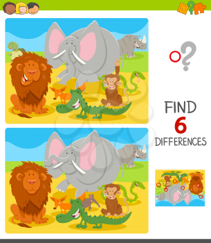 Cartoon Illustration of Finding Six Differences Between Pictures Educational Game for Children with Funny Animals
