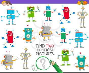 Cartoon Illustration of Finding Two Identical Pictures Educational Game for Children with Robots Fantasy or Science Characters