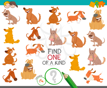 Cartoon Illustration of Find One of a Kind Picture Educational Activity Game with Cute Dogs Animal Characters