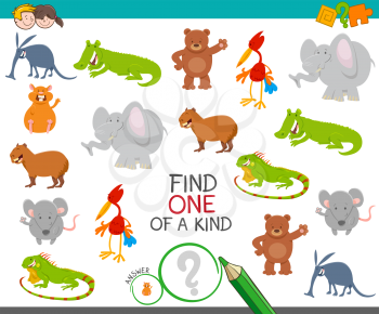Cartoon Illustration of Find One of a Kind Picture Educational Activity Game with Cute Animal Characters