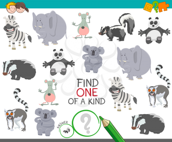 Cartoon Illustration of Find One of a Kind Picture Educational Activity Game with Happy Wild Animal Characters