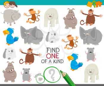 Cartoon Illustration of Find One of a Kind Picture Educational Activity Game with Funny Animal Characters