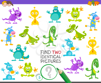 Cartoon Illustration of Finding Two Identical Pictures Educational Game for Children with Happy Monsters Characters