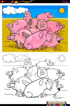 Cartoon Illustration of Funny Pigs Farm Animal Characters Coloring Book Activity