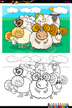 Cartoon Illustration of Funny Sheep Farm Animal Characters Coloring Book Activity