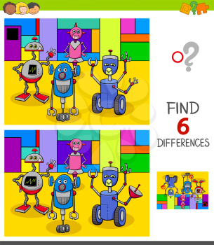 Cartoon Illustration of Finding Six Differences Between Pictures Educational Game for Children with Robots Fantasy Characters