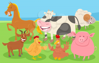 Cartoon Illustration of Happy Farm Animal Characters Group in the Countryside