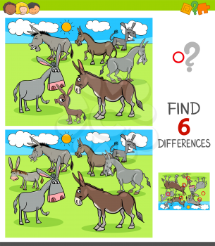 Cartoon Illustration of Finding Six Differences Between Pictures Educational Game for Children with Donkeys Animal Characters