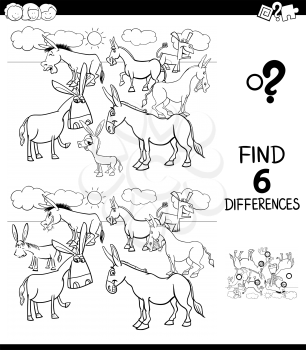 Black and White Cartoon Illustration of Finding Six Differences Between Pictures Educational Game for Children with Donkeys Animal Characters Coloring Book