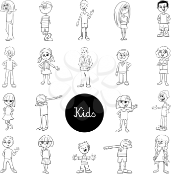 Black and White Cartoon Illustration of Children and Teens Characters Large Set