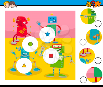 Cartoon Illustration of Educational Match the Pieces Jigsaw Puzzle Game for Children with Funny Robots Fantasy Characters