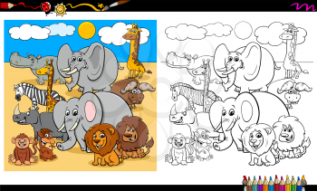 Cartoon Illustration of Happy Safari Animal Characters Group Coloring Book Worksheet