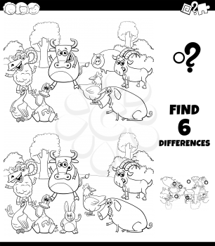 Black and White Cartoon Illustration of Finding Differences Between Pictures Educational Game for Children with Farm Animal Characters Coloring Book
