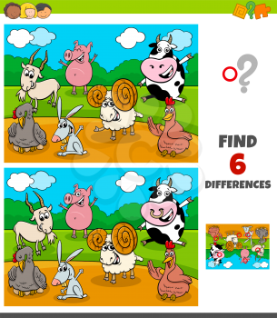 Cartoon Illustration of Finding Differences Between Pictures Educational Game for Children with Funny Farm Animal Characters