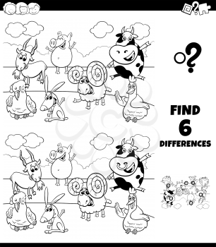 Black and White Cartoon Illustration of Finding Differences Between Pictures Educational Game for Children with Funny Farm Animal Characters Coloring Book