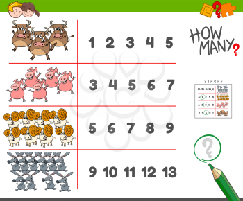 Cartoon Illustration of Educational Counting Task for Children with Funny Farm Animal Characters