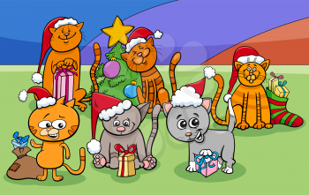 Cartoon Illustration of Cats and Kittens Animal Characters Group on Christmas Time