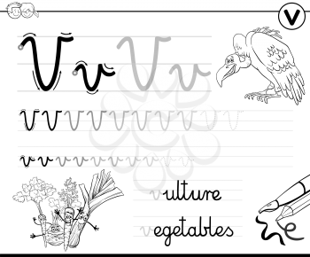 Black and White Cartoon Illustration of Writing Skills Practice Worksheet with Letter V for Preschool and Elementary Age Children Coloring Book