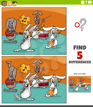 Cartoon illustration of finding the differences between pictures educational game for children with rabbits rock music band