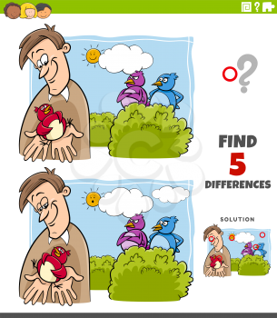 Cartoon illustration of finding the differences between pictures educational game for children with a bird in the hand is worth two in the bush saying