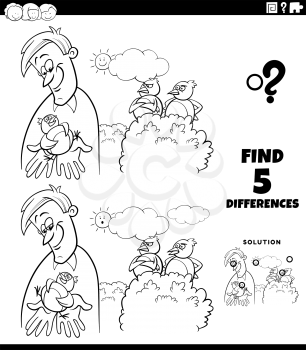 Black and white cartoon illustration of finding the differences between pictures educational game for children with a bird in the hand is worth two in the bush saying coloring book page
