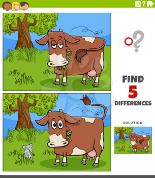Cartoon illustration of finding the differences between pictures educational game for children with cow farm animal character on the pasture