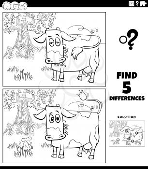 Black and white cartoon illustration of finding the differences between pictures educational game for children with cow farm animal character on the pasture coloring book page
