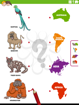 Cartoon illustration of educational matching game for children with animal species characters and continents