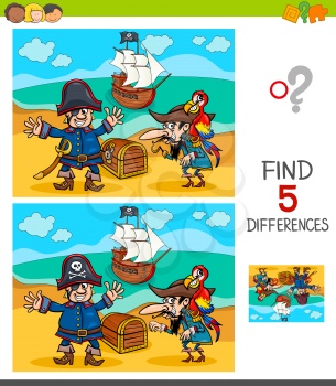 Cartoon Illustration of Finding Five Differences Between Pictures Educational Game for Children with Pirate Characters