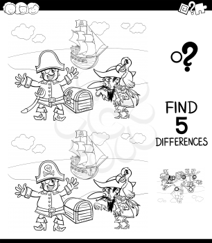 Black and White Cartoon Illustration of Finding Five Differences Between Pictures Educational Game for Children with Pirate Characters Coloring Book