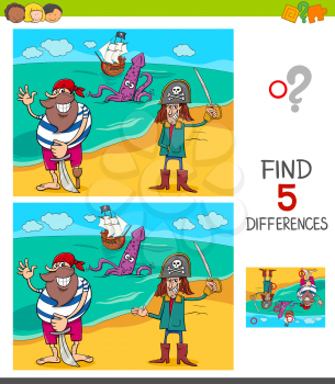 Cartoon Illustration of Finding Five Differences Between Pictures Educational Game for Children with Funny Pirates