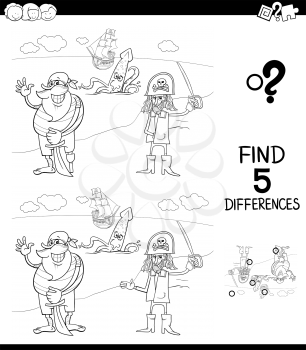 Black and White Cartoon Illustration of Finding Five Differences Between Pictures Educational Game for Children with Funny Pirates Coloring Book