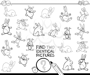 Black and White Cartoon Illustration of Finding Two Identical Pictures Educational Game for Children with Rabbits and Bunnies Characters Coloring Book
