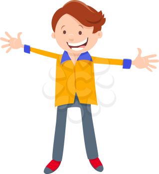 Cartoon Illustration of Happy Elementary or Teen Age Boy Character with Open Arms