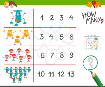 Cartoon Illustration of Educational Counting Activity for Children with Funny Robots Characters