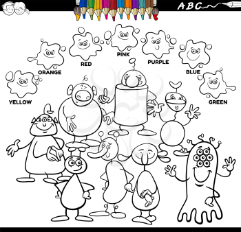 Black and White Educational Cartoon Illustration of Basic Colors with Aliens or Fantasy Characters Group Coloring Book Page