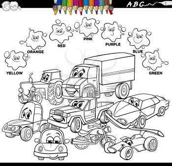 Black and White Educational Cartoon Illustration of Basic Colors with Cars and Transport Characters Group Coloring Book Page