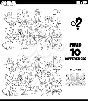 Black and White Cartoon Illustration of Finding Differences Between Pictures Educational Task for Kids with Comic Cats and Dogs Group Coloring Book Page