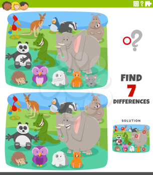 Cartoon Illustration of Finding Differences Between Pictures Educational Task for Kids with Funny Animal Characters Group