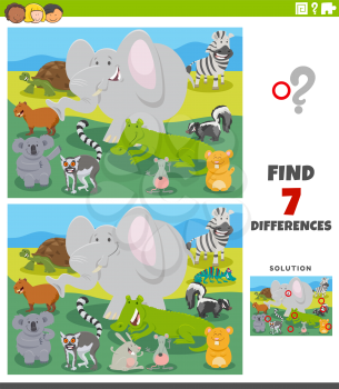 Cartoon Illustration of Finding Differences Between Pictures Educational Task for Kids with Wild Animal Characters Group