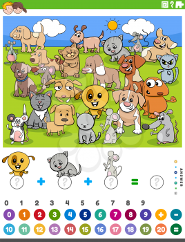 Cartoon Illustration of Educational Mathematical Counting and Addition Game for Children with Dogs Cats and Mice