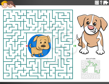 Cartoon Illustration of Educational Maze Puzzle Game for Children with Puppies