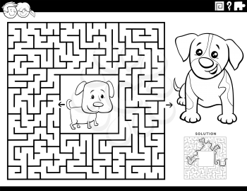 Black and White Cartoon Illustration of Educational Maze Puzzle Game for Children with Puppies Coloring Book Page