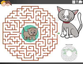 Cartoon Illustration of Educational Maze Puzzle Game for Children with Kittens